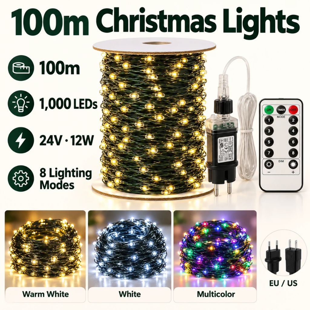 100m 1000-LED Christmas String Lights with Remote Control