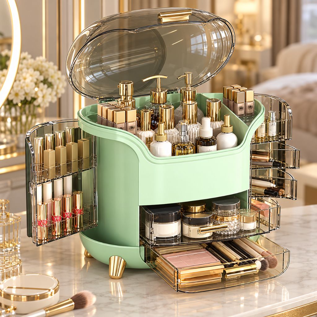 Makeup Organiser with Clear Lid and Swing-Out Side Storage