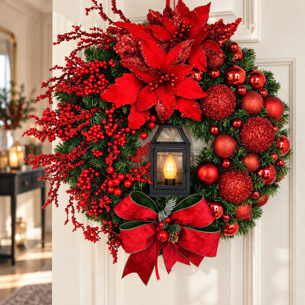Christmas Door Wreath with Lantern, Baubles and Bow