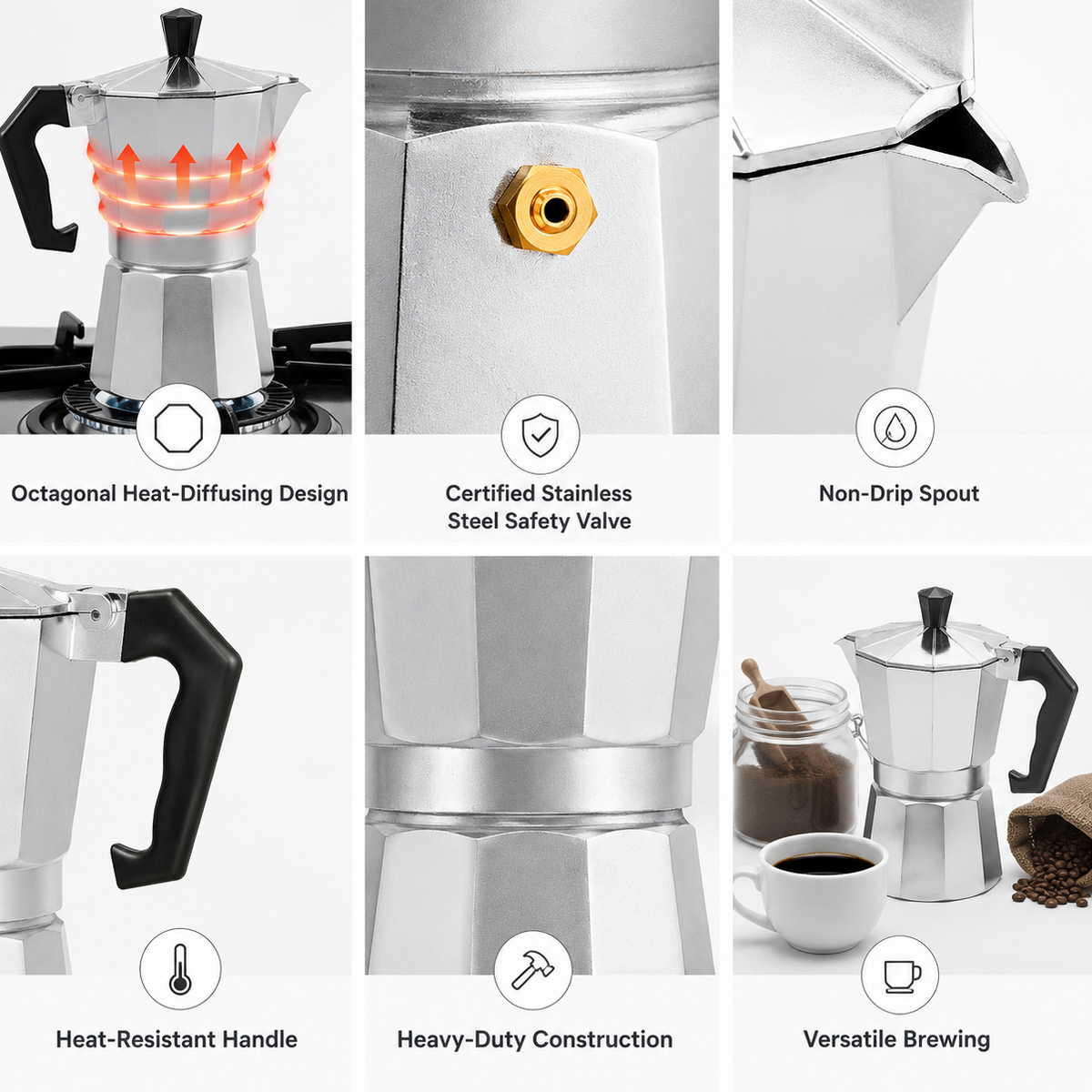 Aluminium Octagonal Moka Pot Italian Stovetop Espresso Maker