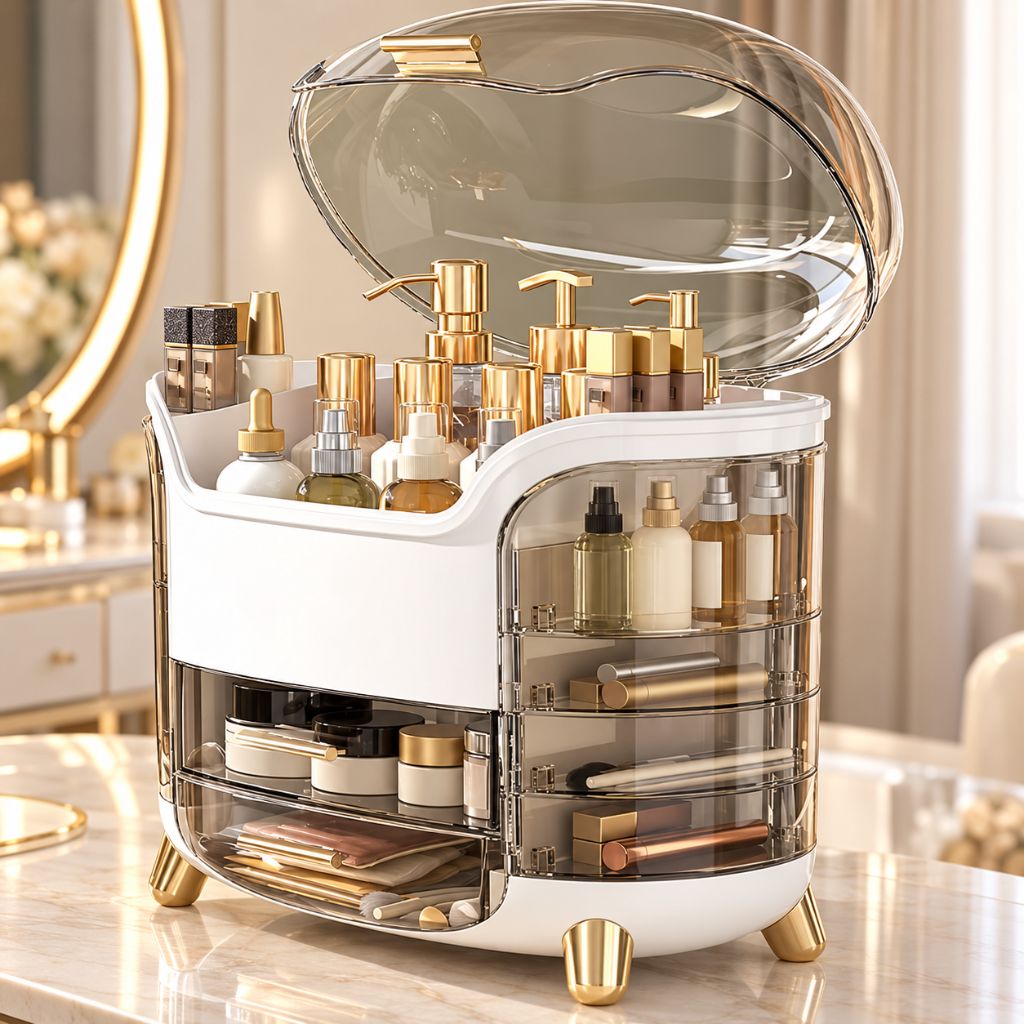 Makeup Organiser with Clear Lid and Swing-Out Side Storage