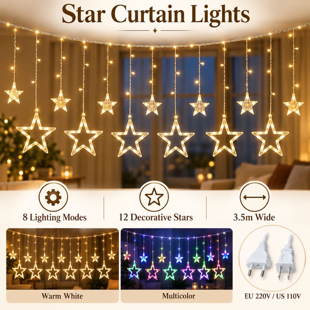 3.5m LED Star Curtain Christmas Lights with 8 Modes