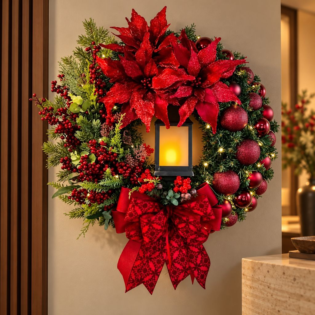 Christmas Door Wreath with Lantern, Baubles and Bow