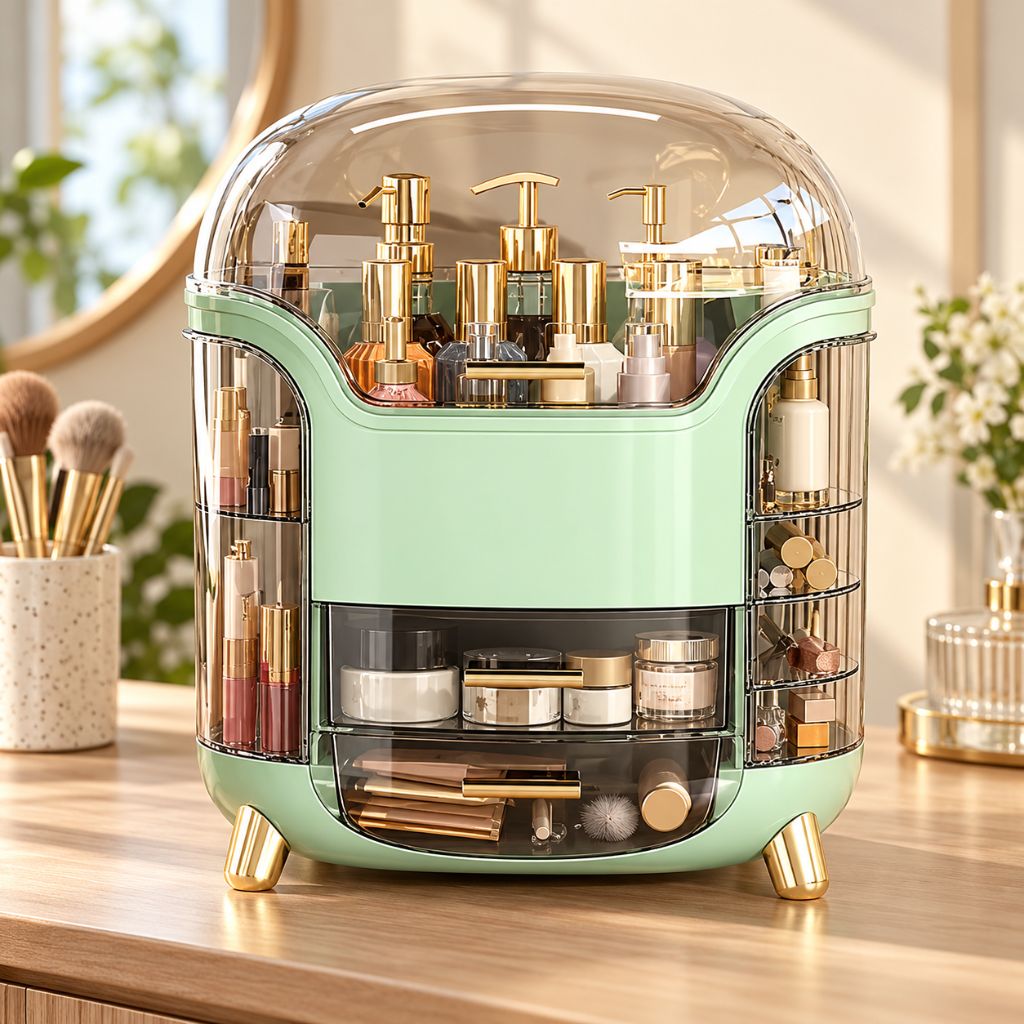 Makeup Organiser with Clear Lid and Swing-Out Side Storage