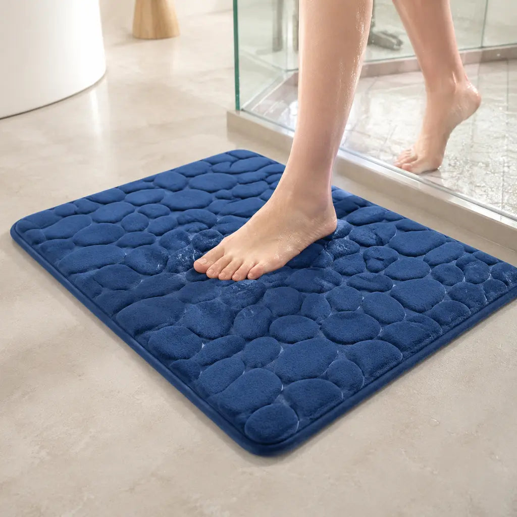 Blue 3D Non-Slip Quick-Dry Bathroom Mat in use outside a shower