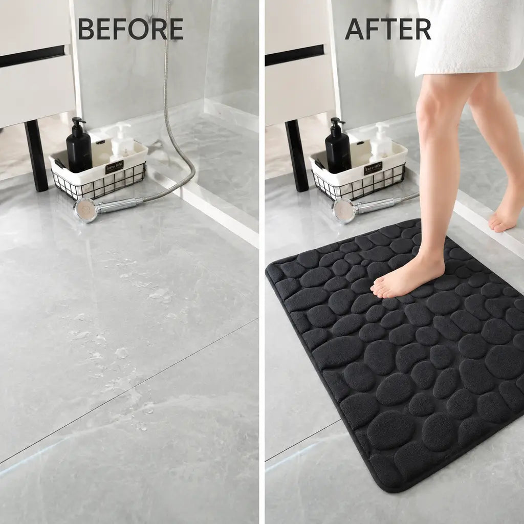 Black 3D Non-Slip Quick-Dry Bathroom Mat before and after