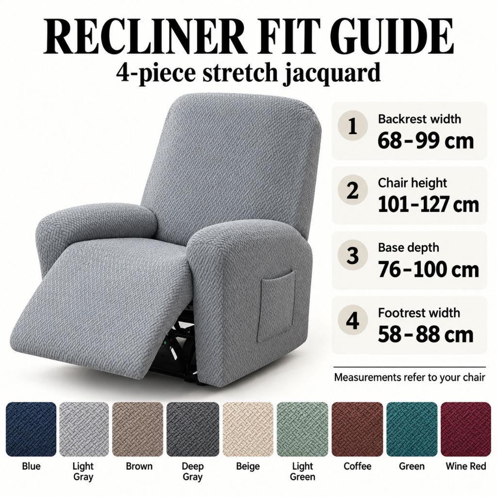 4-Piece Stretch Jacquard Recliner Slipcover with Side Pocket