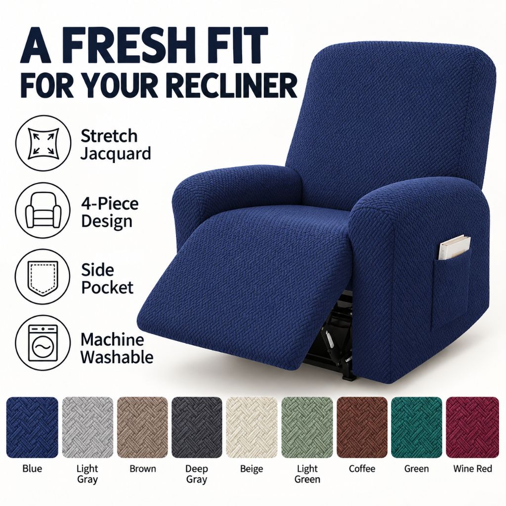 4-Piece Stretch Jacquard Recliner Slipcover with Side Pocket