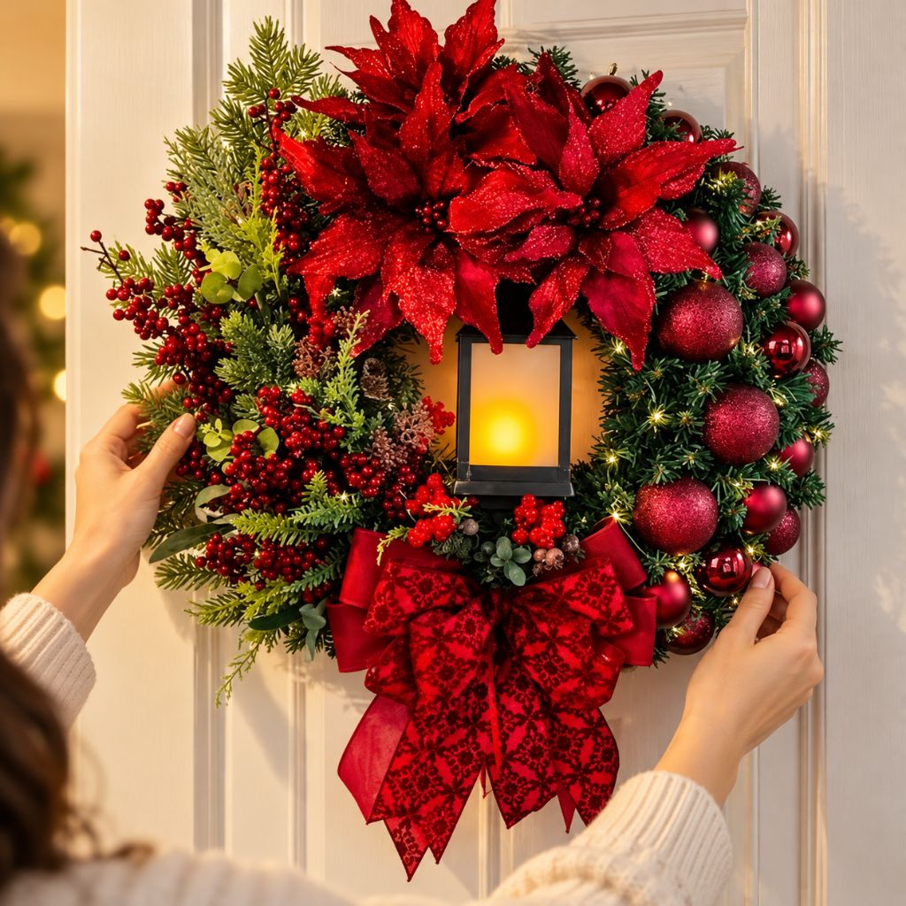 Christmas Door Wreath with Lantern, Baubles and Bow