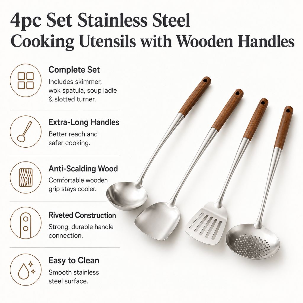 4pc Set Stainless Steel Cooking Utensils with Wooden Handles