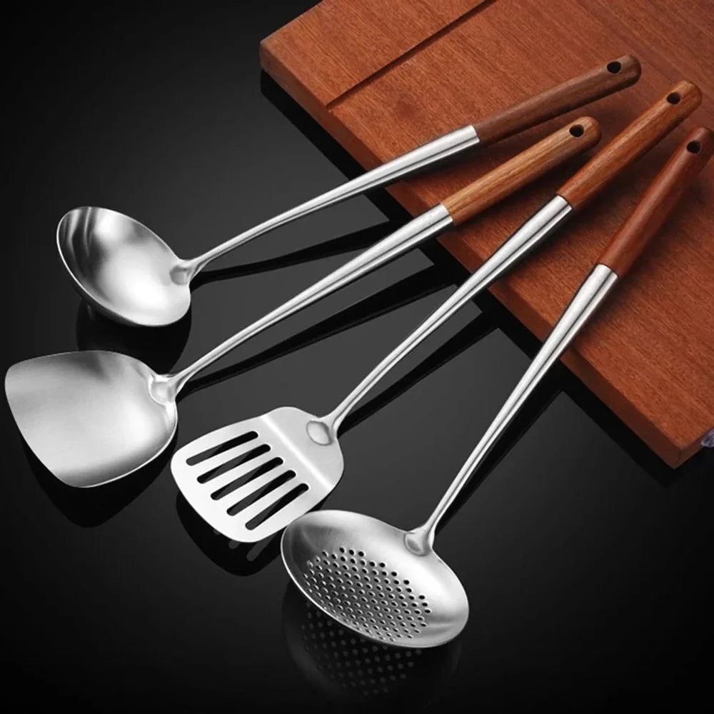 4pc set stainless steel cooking utensils with wooden handles – view 2