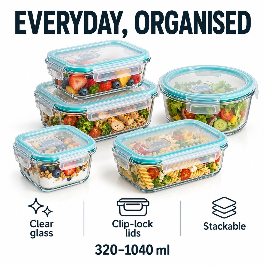5-Piece Glass Food Storage Container Set with Clip-Lock Lids