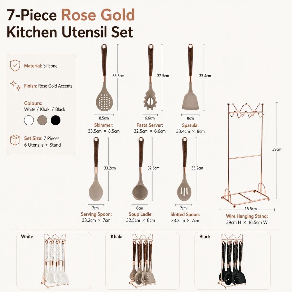 7-Piece Rose Gold Kitchen Utensil Set with Stand