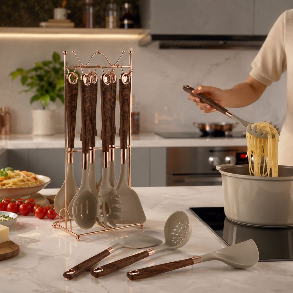 7-Piece Rose Gold Kitchen Utensil Set with Stand