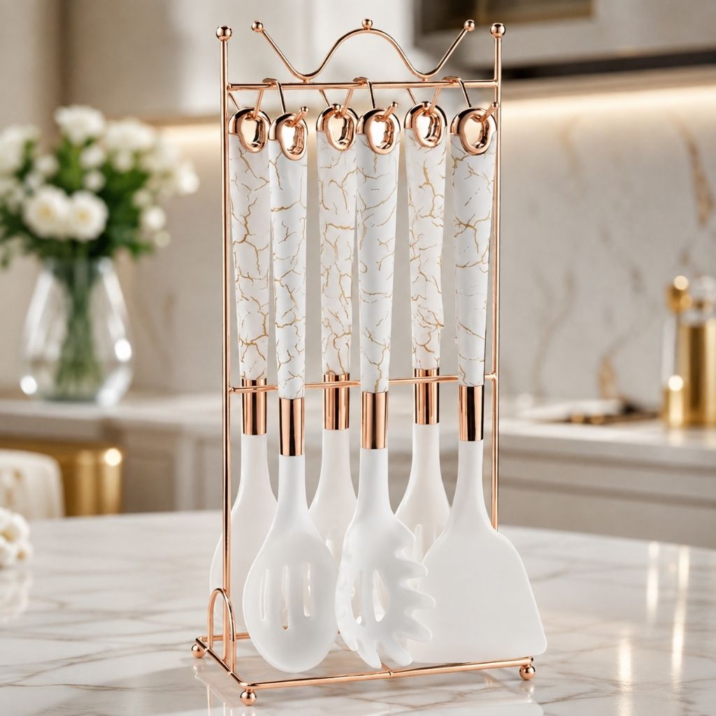 7-Piece Rose Gold Kitchen Utensil Set with Stand