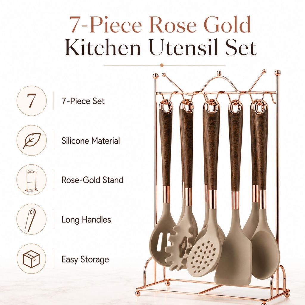 7-Piece Rose Gold Kitchen Utensil Set with Stand
