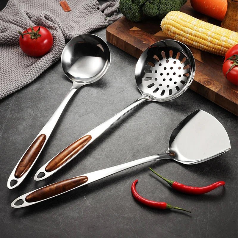 7 - Piece Stainless Steel Cooking Utensil Set with Wooden - Inspired Handles Lattea - Lattea Global