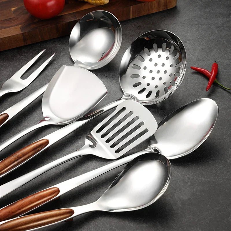 7 - Piece Stainless Steel Cooking Utensil Set with Wooden - Inspired Handles Lattea - Lattea Global