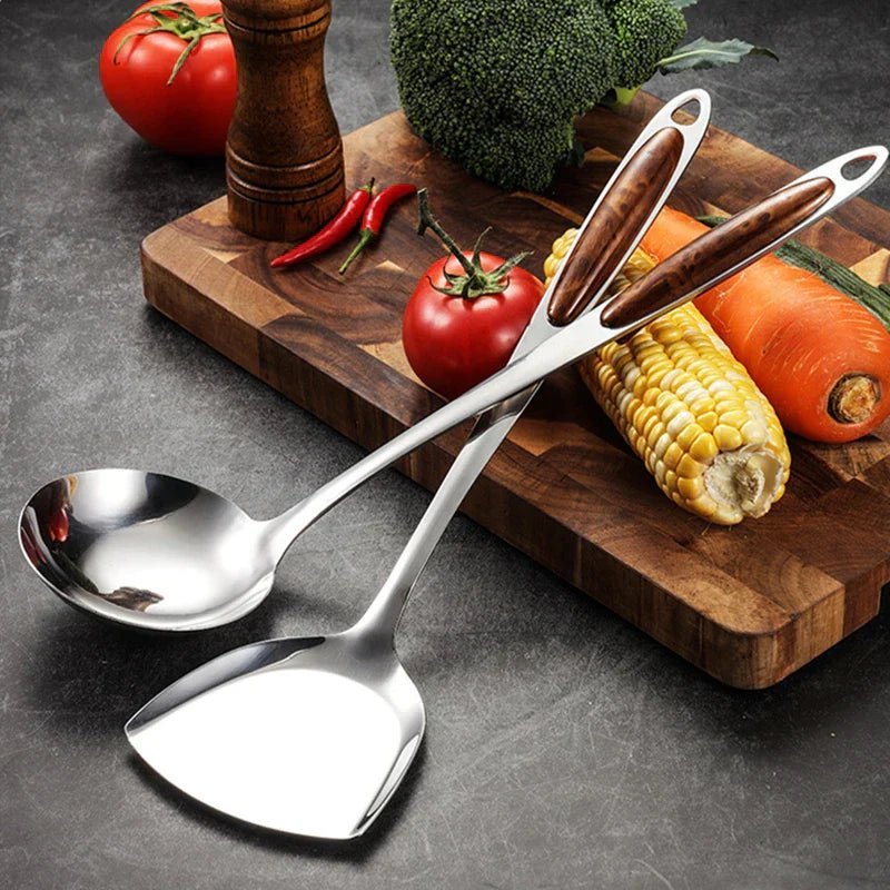 7 - Piece Stainless Steel Cooking Utensil Set with Wooden - Inspired Handles Lattea - Lattea Global