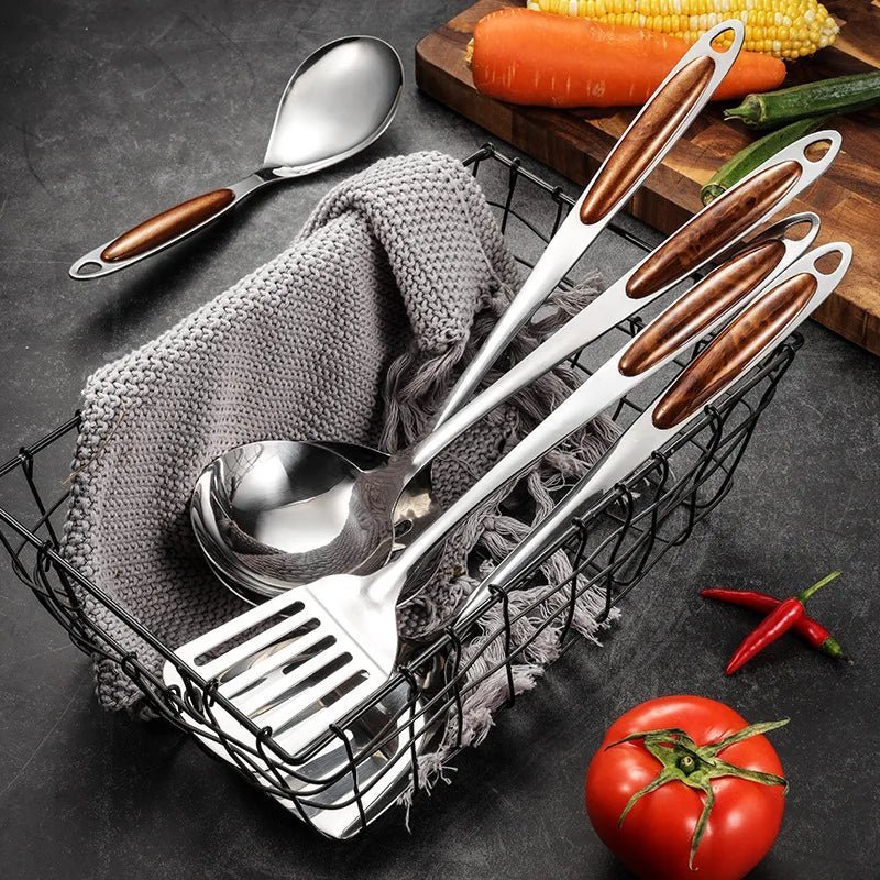 7 - Piece Stainless Steel Cooking Utensil Set with Wooden - Inspired Handles Lattea - Lattea Global