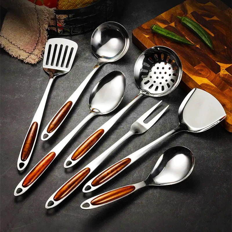 7 - Piece Stainless Steel Cooking Utensil Set with Wooden - Inspired Handles Lattea - Lattea Global