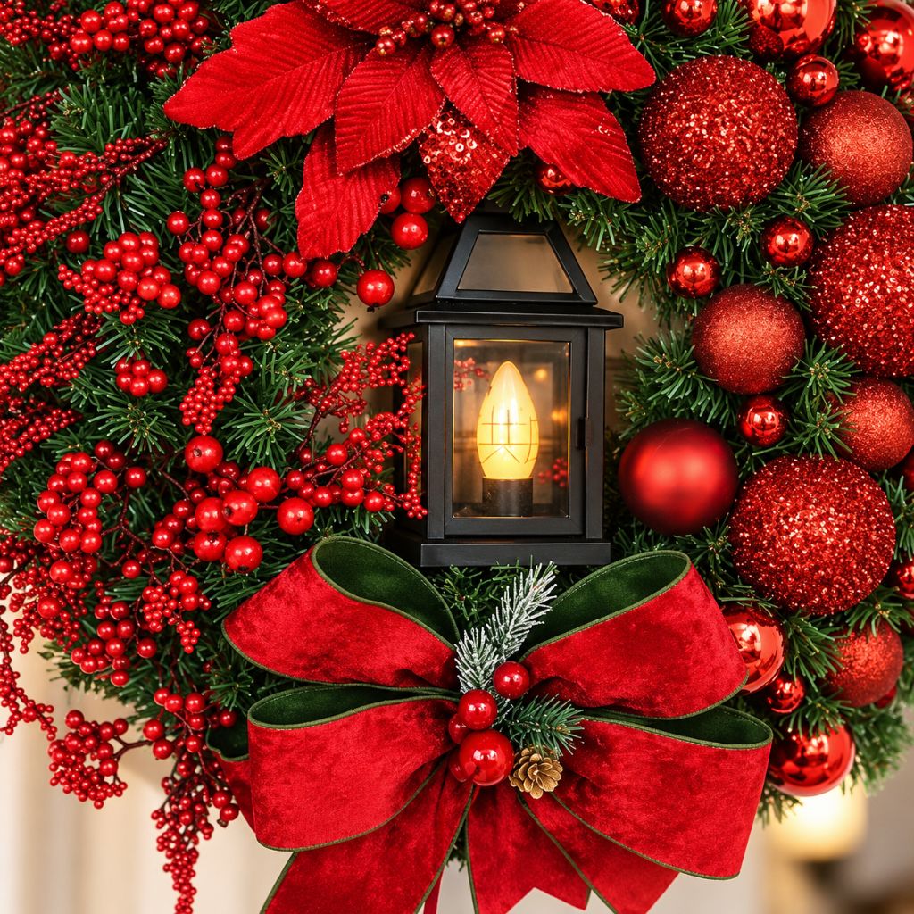 Christmas Door Wreath with Lantern, Baubles and Bow
