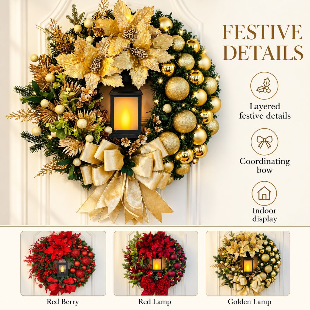 Christmas Door Wreath with Lantern, Baubles and Bow