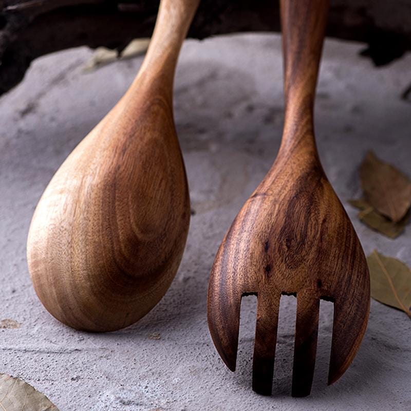 Acacia Wood Salad Serving Set – Handcrafted Kitchen Utensils - Lattea Global