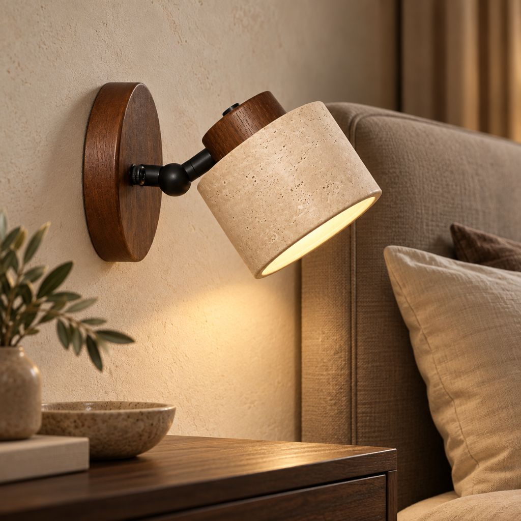 Adjustable Stone and Wood Bedside Wall Light with Switch