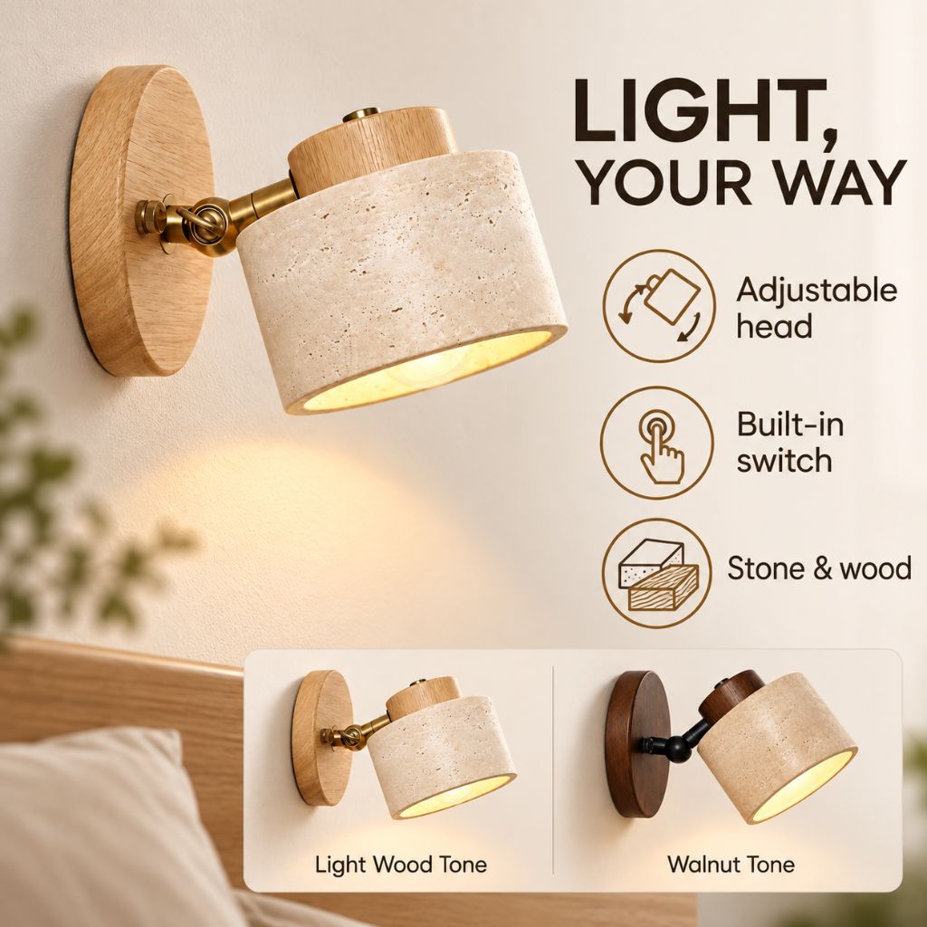 Adjustable Stone and Wood Bedside Wall Light with Switch