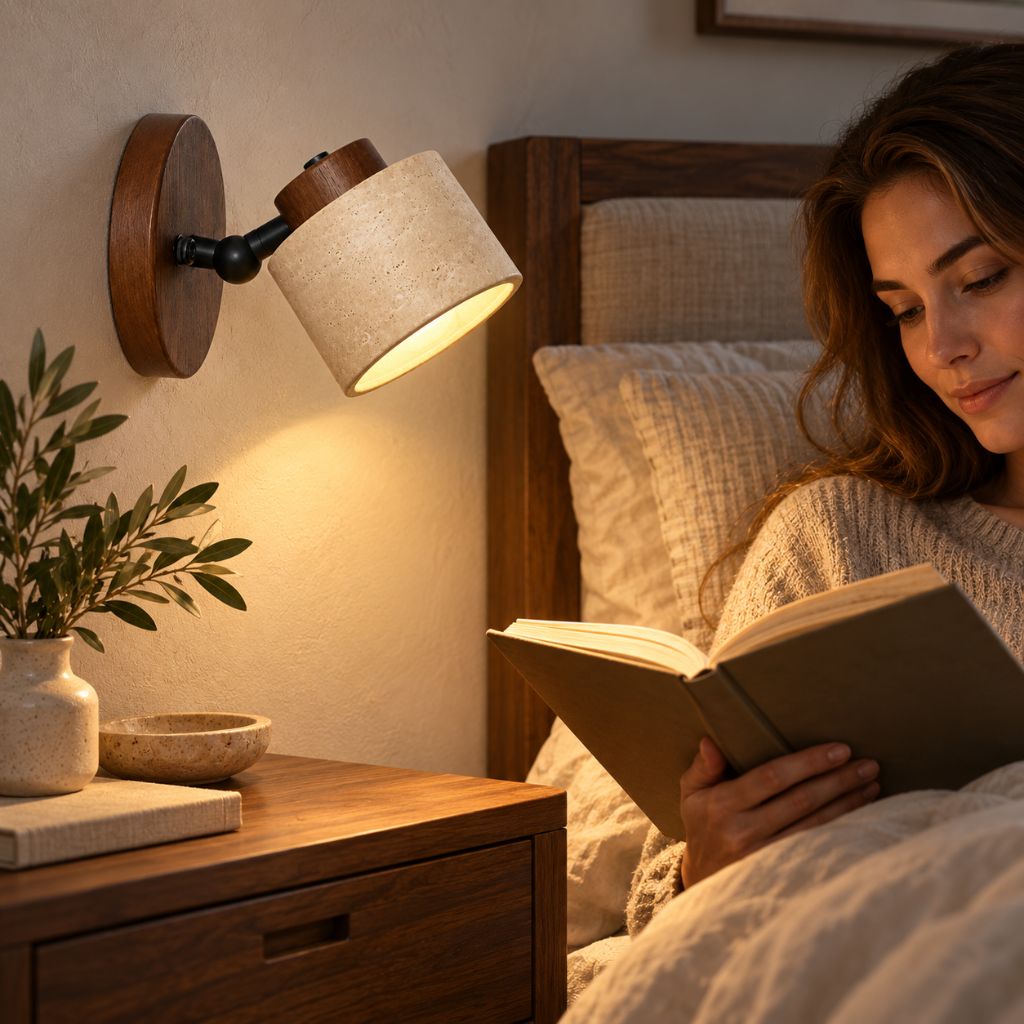 Adjustable Stone and Wood Bedside Wall Light with Switch