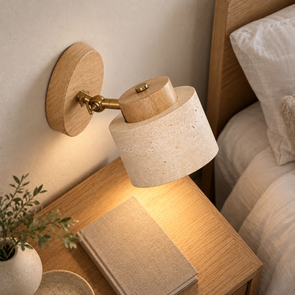 Adjustable Stone and Wood Bedside Wall Light with Switch