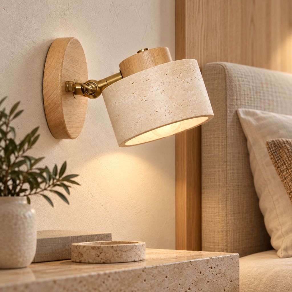 Adjustable Stone and Wood Bedside Wall Light with Switch