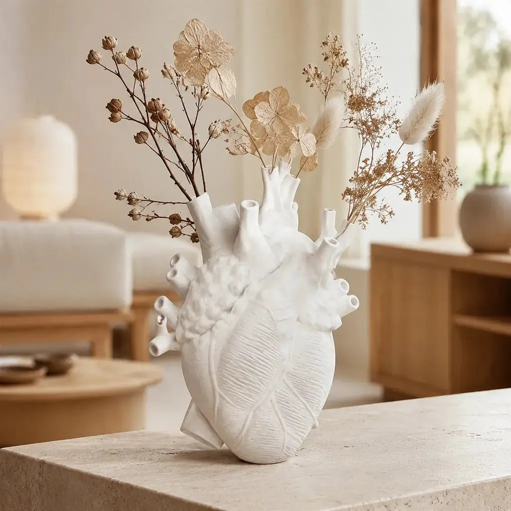 Anatomical Heart Ceramic Art Vase in a warm Japandi living room