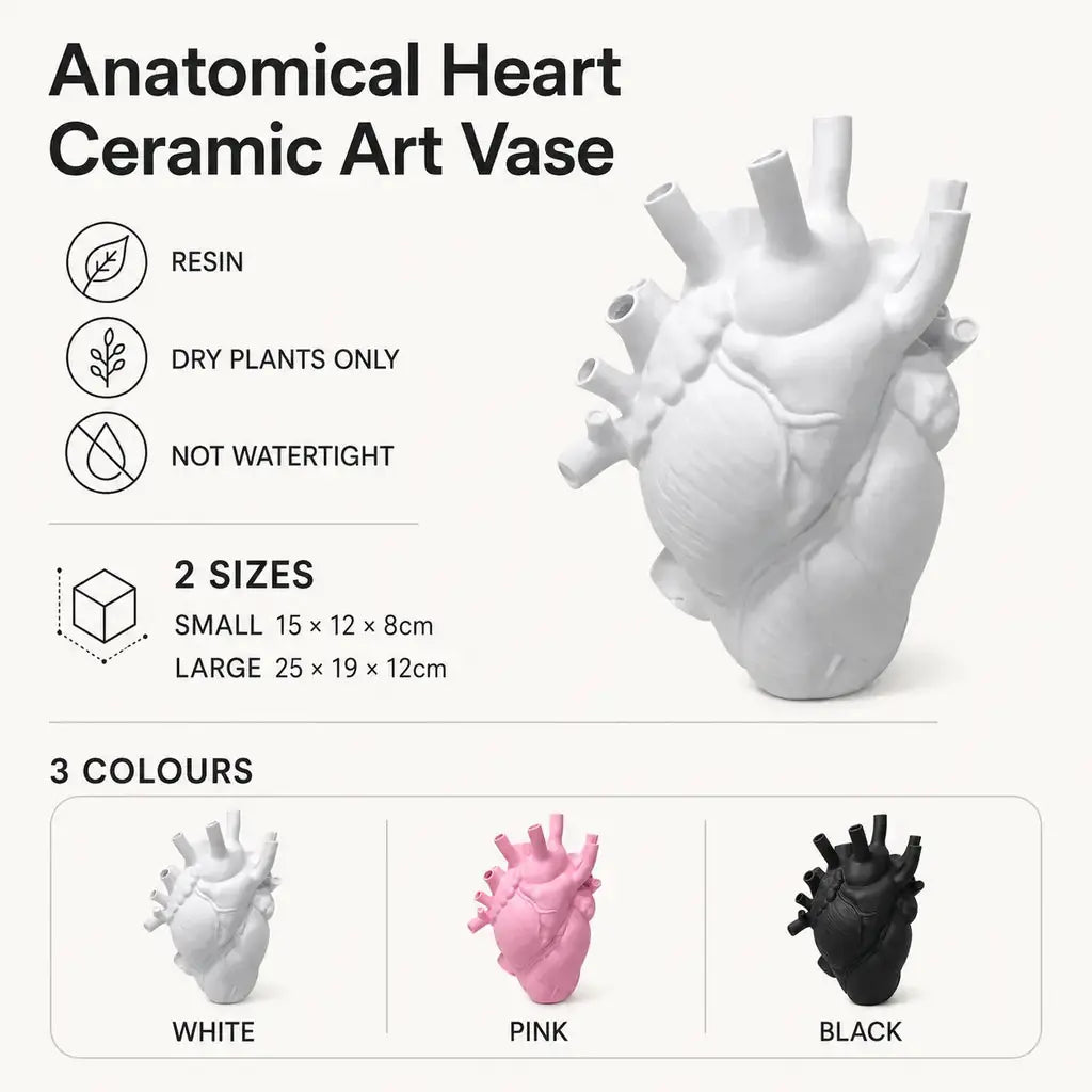 Anatomical Heart Ceramic Art Vase specifications, sizes and colours