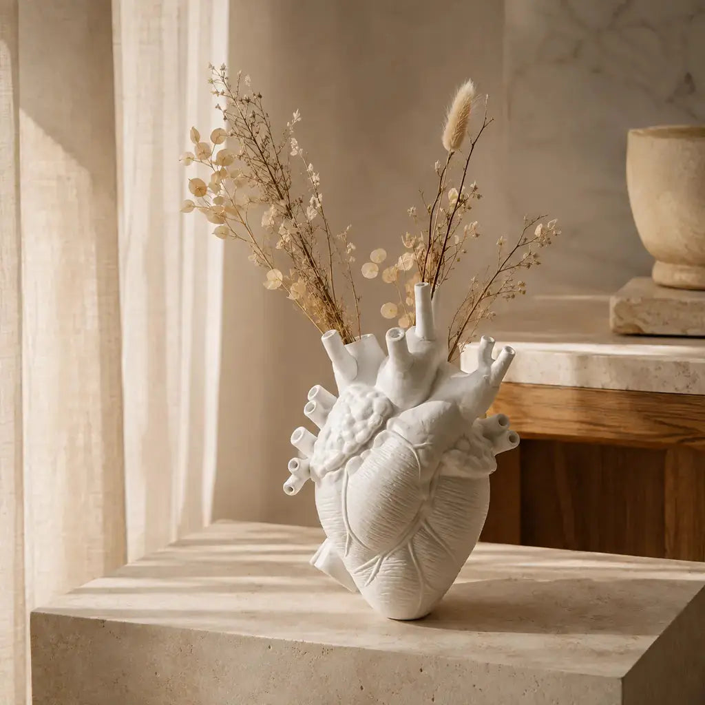 White Anatomical Heart Ceramic Art Vase in a discreet luxury interior