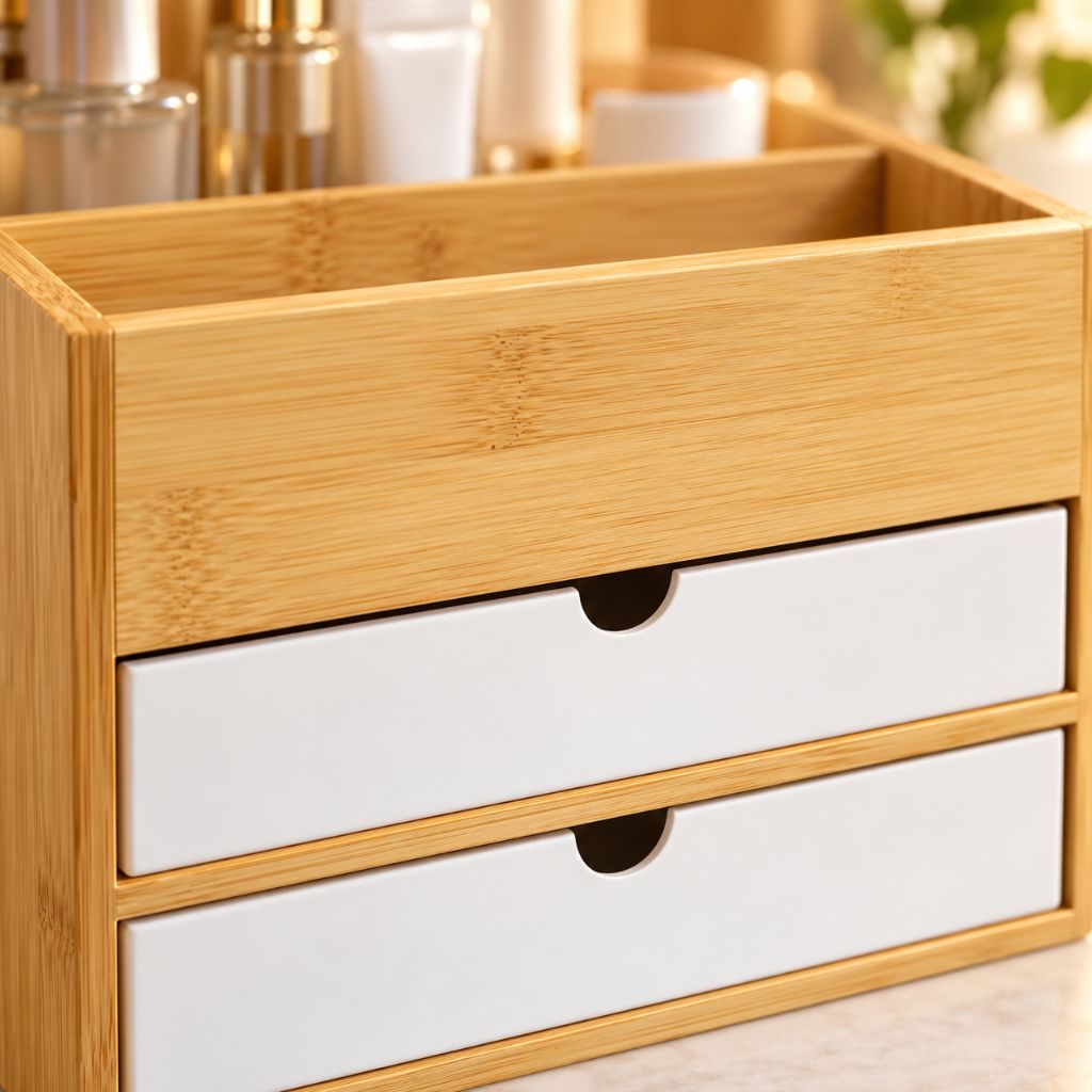 Bamboo Makeup Organiser with Drawers and Open Storage