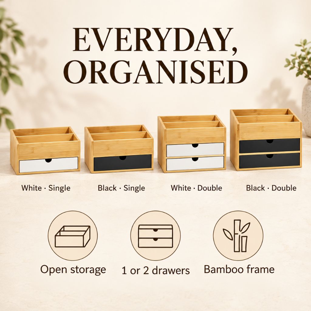 Bamboo Makeup Organiser with Drawers and Open Storage