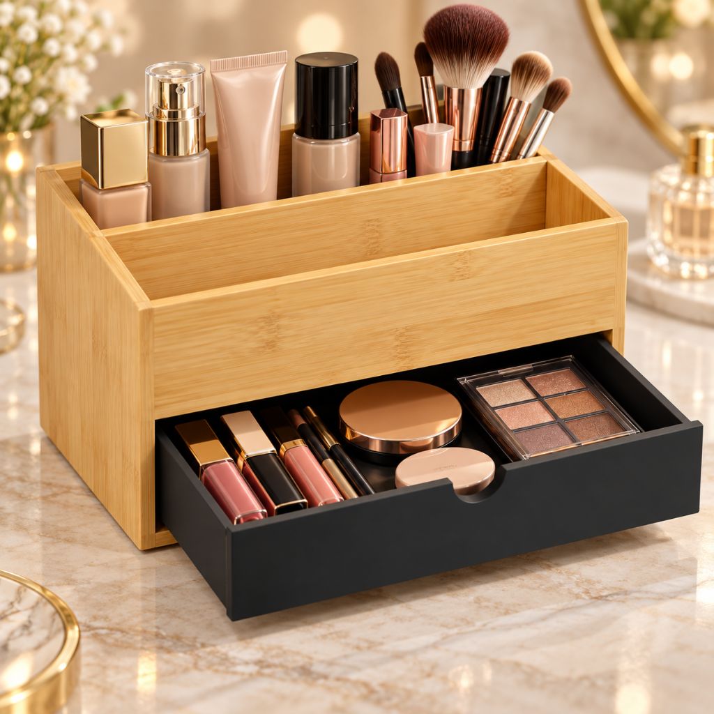 Bamboo Makeup Organiser with Drawers and Open Storage