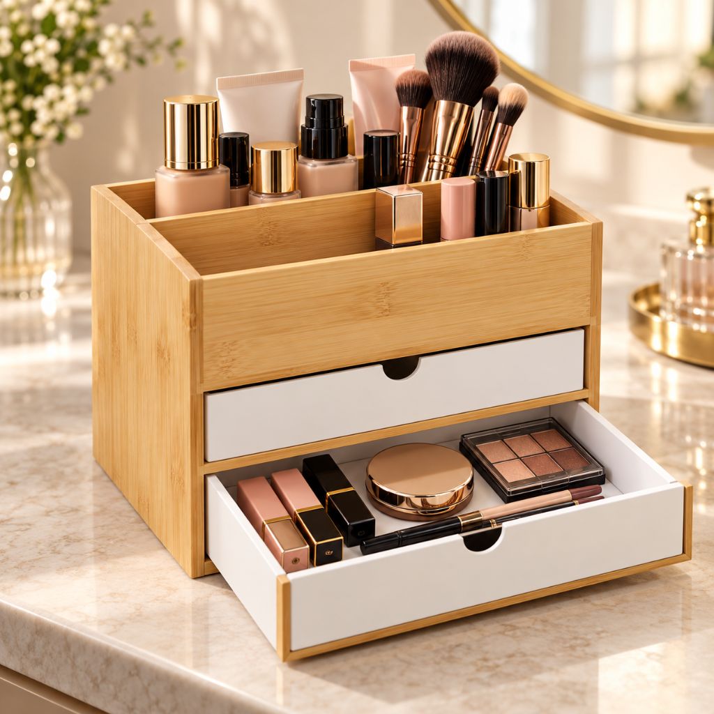 Bamboo Makeup Organiser with Drawers and Open Storage
