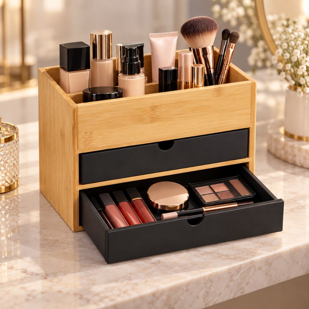 Bamboo Makeup Organiser with Drawers and Open Storage