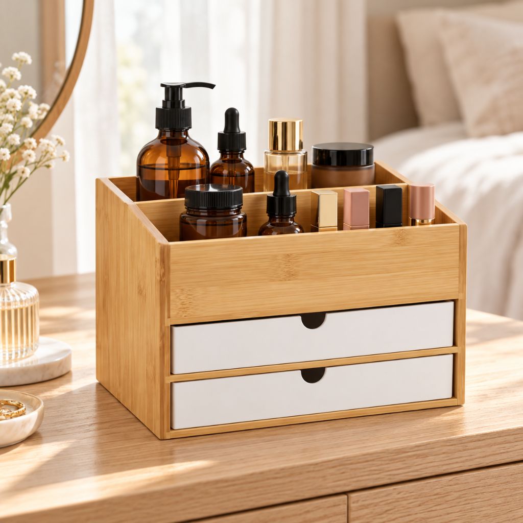 Bamboo Makeup Organiser with Drawers and Open Storage