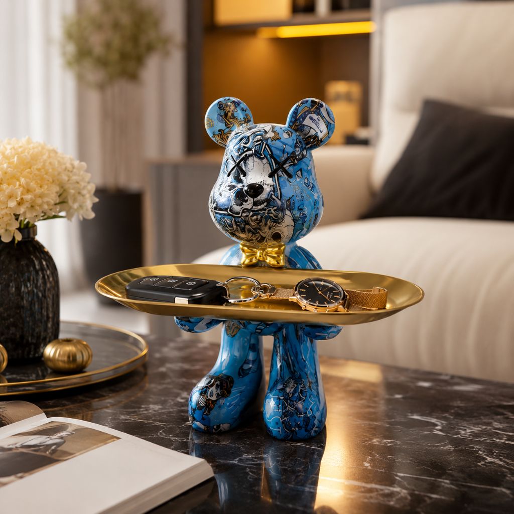 Resin Bear Statue with Trinket Tray - Decorative Figurine