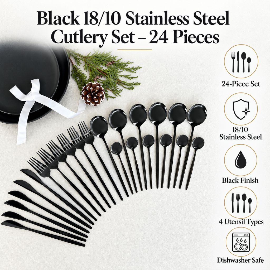 Black 18/10 Stainless Steel Cutlery Set – 24 Pieces