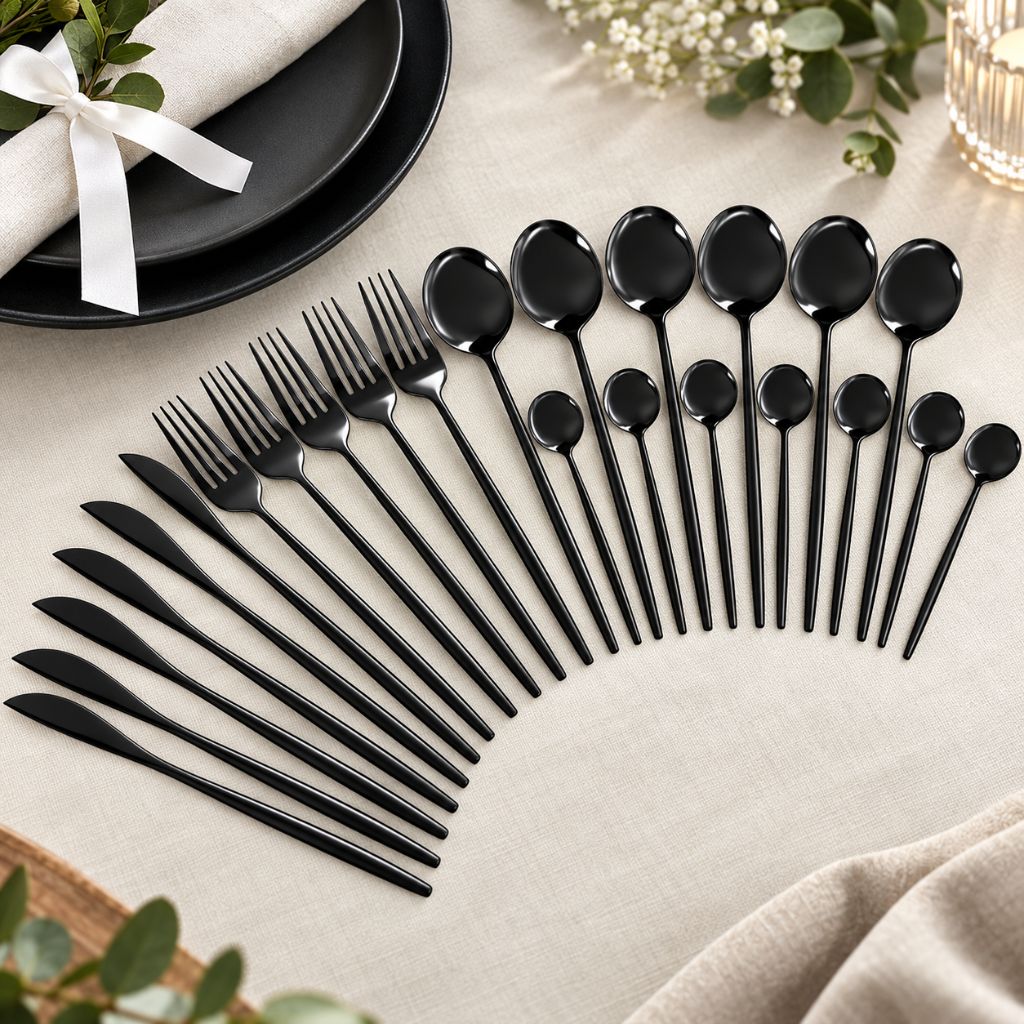 Black 18/10 Stainless Steel Cutlery Set – 24 Pieces