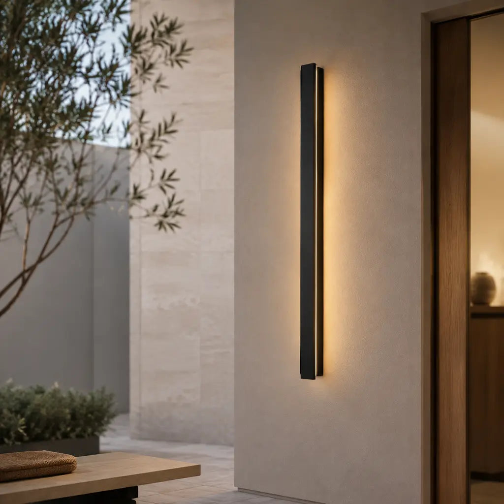 Black Linear Aluminium LED Outdoor Wall Light – IP65 in a Japandi entrance