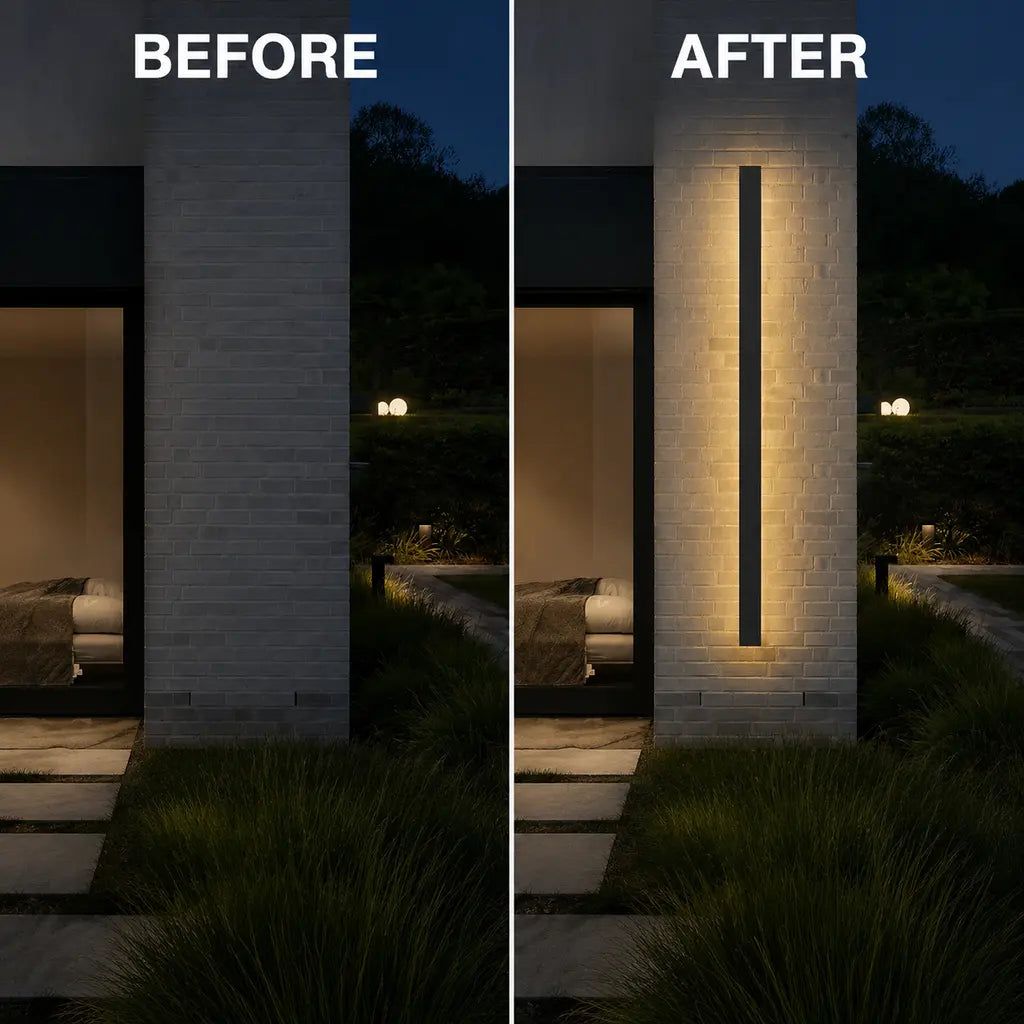 Black Linear Aluminium LED Outdoor Wall Light – IP65 before and after lighting