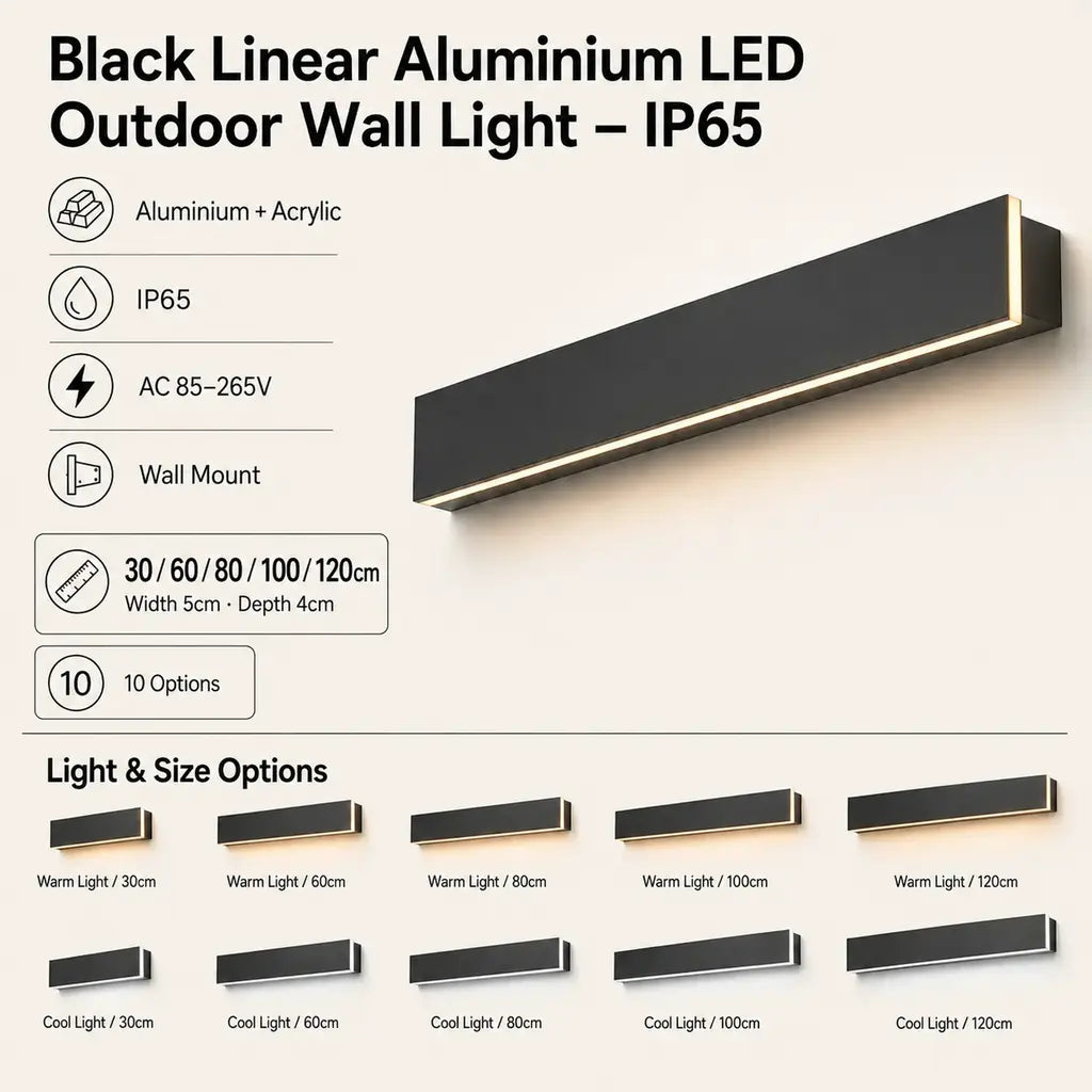 Black Linear Aluminium LED Outdoor Wall Light – IP65 specifications and options