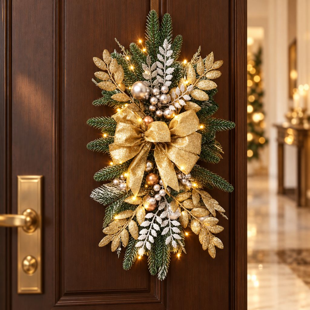 Christmas Door Swag with LED Lights, Bow and Baubles