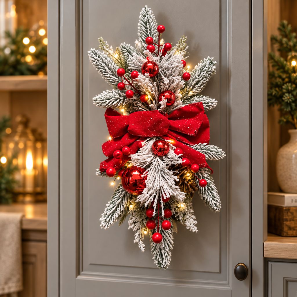 Christmas Door Swag with LED Lights, Bow and Baubles